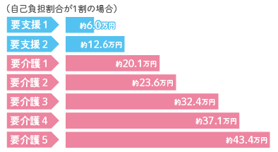 （自己負担割合が1割の場合）要支援1＝約6.0万円　要支援2＝約12.6万円　要介護1＝約20.1万円　要介護2＝約23.6万円　要介護3＝約32.4万円　要介護4＝約37.1万円　要介護5＝約43.4万円