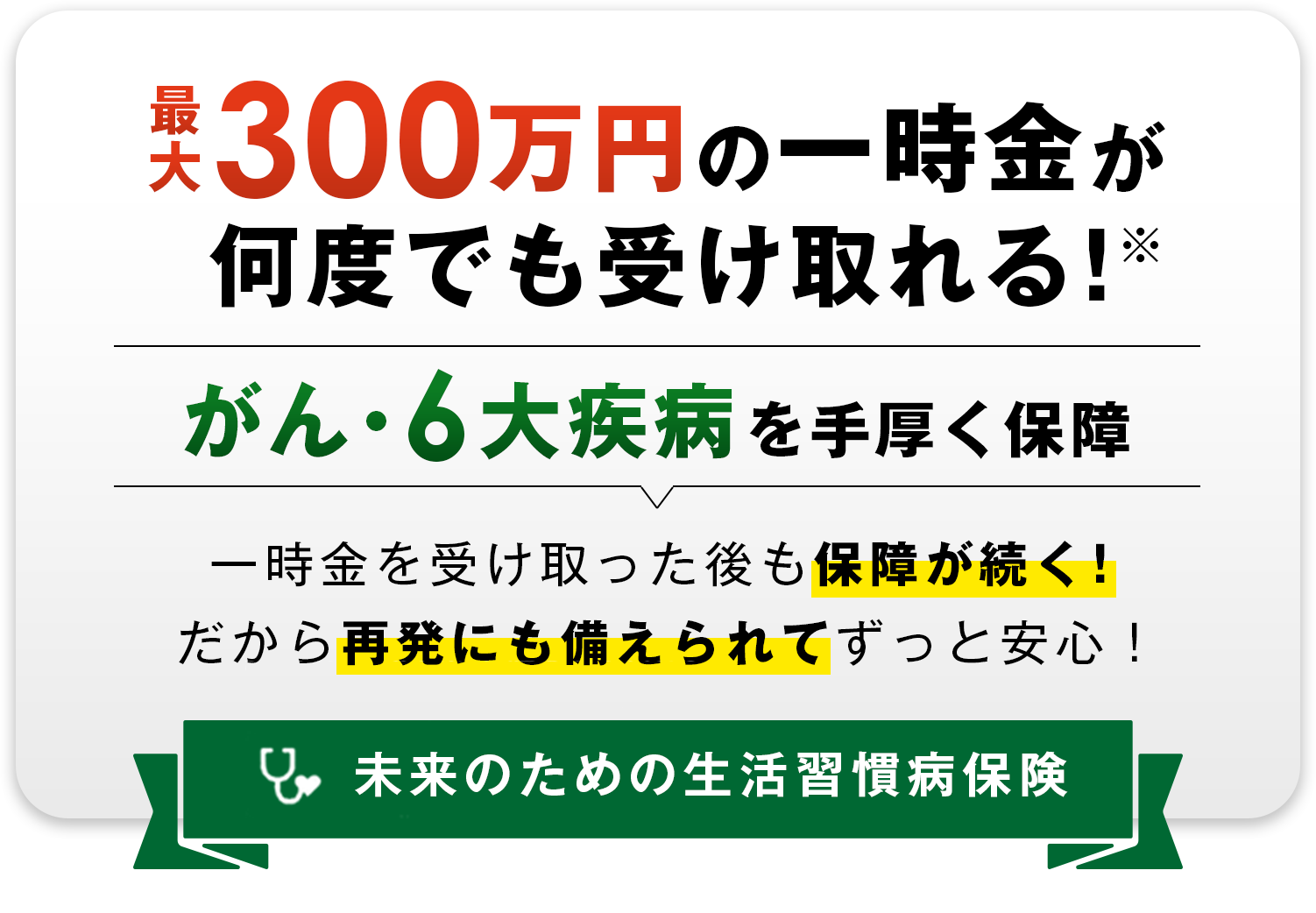 がん・6大疾病を最大300万円の一時金で手厚く保障！