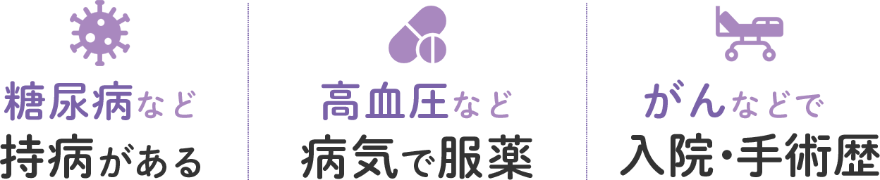 糖尿病など持病がある 高血圧など病気で服薬 がんなど入院・手術歴