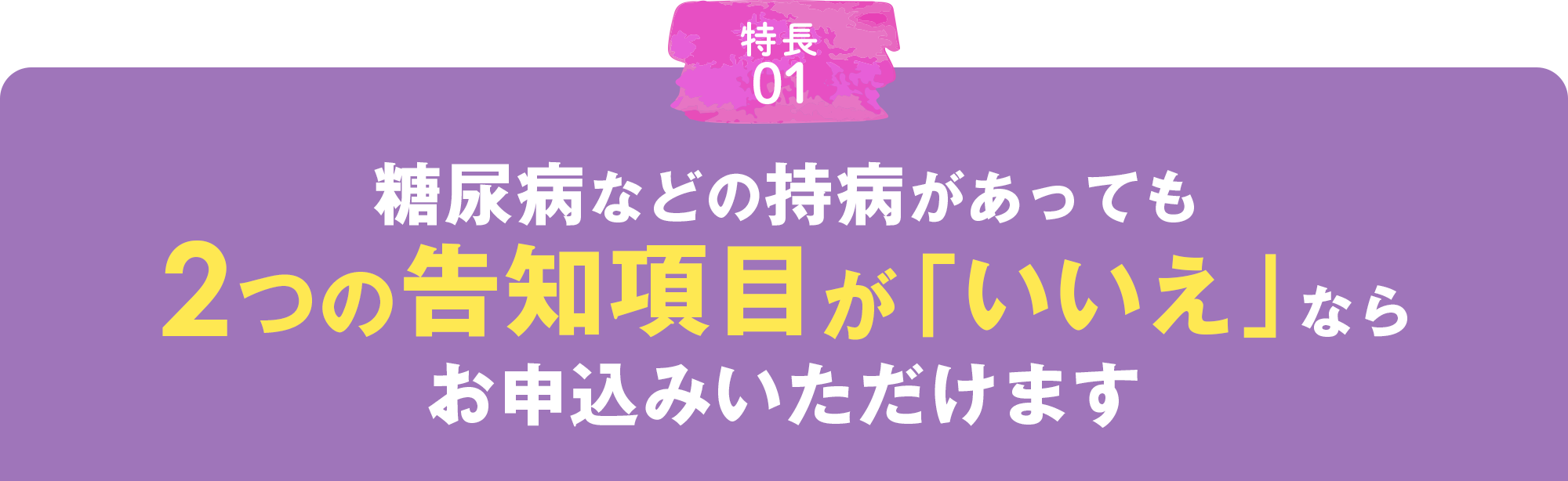 特徴01 糖尿病などの持病があっても2つの告知項目が「いいえ」ならお申込みいただけます